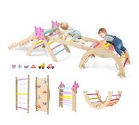 Triangle d'Escalade Pliables COSTWAY Jouet Montessori en Bois Massif Aire de Jeux avec Arche à Thème Licorne