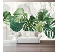 Triangle Ligne Plante Feuille Palmier Modèle Panoramique Papier Peint | Vert Minimaliste Moderne Style Intissé Papier Peint, 300 x 210 cm (W x H) pour Salon Chambre d’Enfants Restaurant