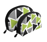 Triangles Aléatoires Vert Lime Gris Noir sur Blanc, Trousse de Maquillage Coquille Femme Petit Porte-Monnaie Trousse de Toilette Trousse à cosmétiques 2 pièces