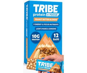 TRIBE Protein + Focus Bar - Blondie au beurre d'arachide - 10 g de protéines, 9 nutriments énergétiques et concentrés, crinière de lion, à base de plantes, collation végétalienne et sans gluten (60 g