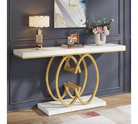 Tribesigns 140 cm Table console, table d'entrée en faux marbre avec base géométrique en métal, table d'appoint moderne étroite pour canapé, blanc doré
