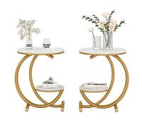 Tribesigns [2 pièces Table de chevet moderne avec plateau en marbre artificiel, table d'appoint à 2 niveaux avec pieds en métal en forme de C pour salon, blanc et doré, table de nuit pour chambre à