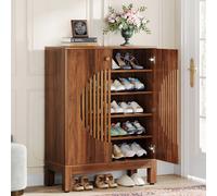 Tribesigns Armoire à chaussures à 5 étages avec portes à lamelles rondes, 20 paires de chaussures de ferme avec étagères réglables pour entrée, couloir