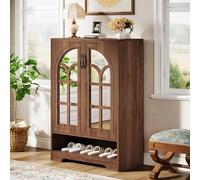Tribesigns Armoire à chaussures avec portes miroir, organisateur de rangement à 5 étages avec étagères réglables, étagère vintage en bois avec étagère cachée, entrée, couloir, armoire, salon, marron