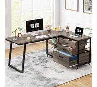 Tribesigns Bureau d'ordinateur en forme de L avec 3 tiroirs, bureau d'angle réversible avec étagères, bureau d'ordinateur industriel de 133 cm, table d'écriture pour petit espace, gris