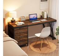 Tribesigns Bureau informatique à 3 tiroirs, 150 cm réversible Bureau PC à tiroirs, étude industrielle Station de travail pour bureau à domicile, Marron