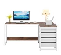 Tribesigns Desk with 4 Drawers, L-Shaped Computer Desk with 2 Shelves, Reversible Corner Desk for Office, Study, Living Room, 150 x 110 x 75 cm (Walnut & White)
