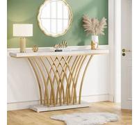 Tribesigns Gold Table console, 150x30x80 cm Table d'entrée moderne avec pied métallique en forme de grille pour entrée, couloir, vestibule, salon (blanc&or)