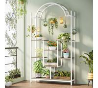 Tribesigns Présentoir pour fleurs, Présentoir pour plantes d'intérieur,5 étages,190cm,Étagère pour plantes en métal bombé avec 8 crochets en S,Étagère de présentation, Gris