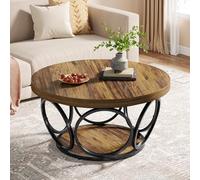 Tribesigns Table Basse Ronde 2 Niveaux, Table de Salon Bois 80 cm, Structure en métal, T-Able Ronde Bois, Plateau Épaissi, Facile à Monter Industriel (Marron Rustique)