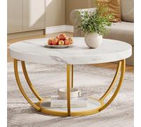 Tribesigns Table basse ronde moderne à 2 niveaux avec faux marbre blanc et pieds en métal doré, table centrale circulaire, meuble d'appoint pour salon, blanc et doré