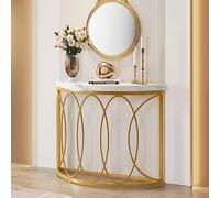 Tribesigns Table console dorée, table de chevet, table de canapé, table de couloir avec bureau en imitation marbre, cadre en métal et design demi-lune, table d'appoint fine pour salon, couloir, entrée