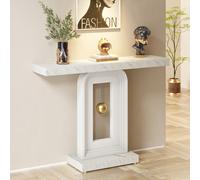 Tribesigns Table console étroite Blanc, 100cm Table d'entrée avec base en forme de pendule, imitation marbre Impression Table console Étroite Table en bois