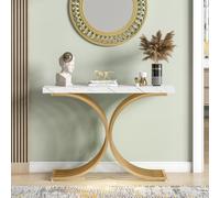 Tribesigns Table console étroite, table d'appoint avec structure métallique dorée, 100 x 30 x 80 cm Table de couloir, petite table d'exposition, table basse(blanc et or)
