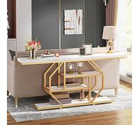 Tribesigns Table Console Extra Longue - 180 x 30 cm - Table Basse Moderne dorée derrière Le canapé avec Rangement - Table d'entrée à 4 Niveaux pour Salon, Couloir, entrée, Blanc et doré