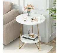 Tribesigns Table d'appoint en marbre artificiel, 2 étages, table d'appoint ronde avec étagères, table de chevet moderne dorée pour chambre à coucher