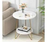 Tribesigns Table d'appoint en marbre Artificiel à 2 étages, Table d'appoint Ronde avec étagères, Table de Chevet Moderne dorée, Petite Table Basse pour Salon, Chambre à Coucher, Blanc et doré