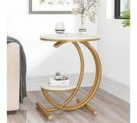 Tribesigns Table d'appoint Ronde Moderne à 2 Niveaux avec Cadre en Forme de C, Petite Table d'appoint Basse pour Salon, Chambre à Coucher, Petits espaces, Blanc/doré (1)