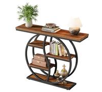 Tribesigns Table de console, 120 x 30 cm Table de canapé industrielle à 4 niveaux avec socle circulaire, table d'appoint étroite en bois avec étagères pour salon, couloir, hall d'entrée, brun rustique