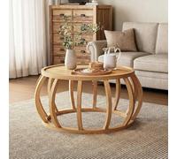 TRIBEWOOD Table Basse Ronde, Table Basse Bois Massif 80 cm, Table Centrale avec Base Incurvée pour Salon, Chambre, Style Ferme, Naturel