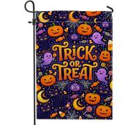 Trick Or Treats Drapeau de jardin Jack-O'-Lanterns Thème Halloween 30,5 x | Typographie Trick Or Treats, drapeau de cour, chats noirs, fantômes amicaux, toiles d'araignée, maïs sucré