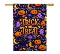 Trick Or Treats Drapeau de maison Jack-O'-Lanterns sur le thème d'Halloween | Typographie Trick Or Treats, drapeau de cour, chats noirs, fantômes amicaux, toiles d'araignée, maïs sucré