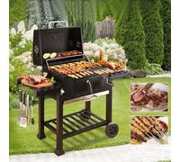 Triclicks Barbecue au charbon de bois, barbecue portable avec couvercle, jauge de température, tables d'appoint et roues, pour jardin, pique-nique, fête, camping, cuisine (01)