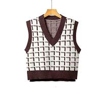 Tricoté Gilet,Pull en Tricot pour Femme Gilet À La Mode Court Contraste en Treillis Simple Col en V Automne Hiver Chaud Ample Pull sans Manches Gilets Chandails en Tricot Débardeur Cami Gilet Che