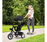 Tricycle 4 en 1 pour enfants de 12 mois à 5 ans, avec toit pare-soleil amovible et barre de poussée, jogger, fenêtre de toit, sangles de sécurité, rotatif 360°, noir