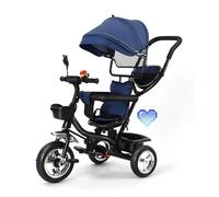 Tricycle 4 en 1,Tricycle Enfants évolutif,Dossier inclinable,Roues Silencieuses et Pare-Soleil Pliable Amovible et Canne Parentale Ajustable,pour Enfants de 9 à 60 Mois-4 -in -1 (Bleu foncé)