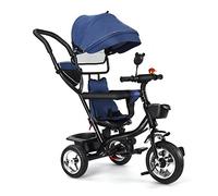 Tricycle 4 en 1,Tricycle Enfants évolutif,Dossier inclinable,Roues Silencieuses et Pare-Soleil Pliable Amovible et Canne Parentale Ajustable,pour Enfants de 9 à 60 Mois-4 -in -1 (Bleu foncé)