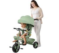 Tricycle 5 en 1 avec Barre de poussée de 18 Mois à 25 kg, Tricycle bébé évolutif, Velo Bebe 1 an evolutif, Lumières et Musique,Siège pivotant,Vert