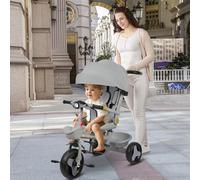 Tricycle 5en1 avec Barre de poussée de 18 Mois à 25 kg,Poussette multifonctionnelle avec lumière et Musique, siège Enveloppant, Garde-Corps Amovible, Porte-gobelet- Gris