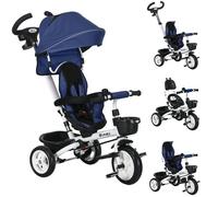 Tricycle Enfant Évolutif Pliable Pare-Soleil Canne Télescopique Amovible Siège Réversible Bleu