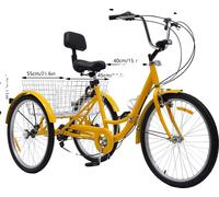 tricycle adulte 24 pouces, hauteur d'assise réglable, boîte de vitesses 7 rapports, jaune