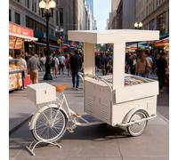 Tricycle ambulant avec vitrine à Boissons et Parasol, idéal pour la Vente de Glaces et de Boissons dans la Rue et Les Aires de Jeux. Solution de Stockage Portable, modèle