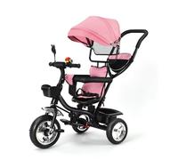 Tricycle bébé 4 en 1 évolutif avec Pare-Soleil 3 Parties, poignée de poussée arrière, Panier Avant et arrière, Roues Mousse Anti-crevaison, Dossier Haut Respirant, Cloche et rétroviseur，Rose
