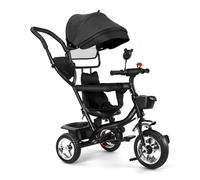 Tricycle bébé 4 en 1 évolutif avec Pare-Soleil 3 Parties, poignée de poussée arrière, Panier Avant et arrière, Roues Mousse Anti-crevaison, Dossier Haut Respirant, Cloche et rétroviseur，Noir