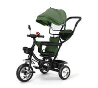 Tricycle Bébé Évolutif 4 en 1, Tricycle Bébé Évolutif avec Poignée de Poussée Réglable, Canne, Cloche et Rétroviseurs, Grandir avec Son bébé, Vert