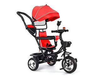 Tricycle Bébé Évolutif 4 en 1, Tricycle Bébé Évolutif avec Poignée de Poussée Réglable, Canne, Cloche et Rétroviseurs, Grandir avec Son bébé, Grand Rouge