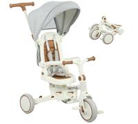Tricycle Enfant Pliable Évolutif 5 En 1 Poignée Telescopique Auvent Amovible Marron Crème