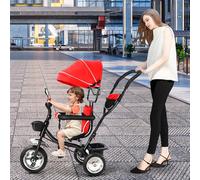 Tricycle Bébé Évolutif, Tricycle évolutif 4 en 1, Tricycle Enfant de 9 Mois jusqu'à 25 kg, avec Tige de Poussée Réglable en Hauteur, Siège Rotatif d'avant en Arrière, Auvent Rabattable (Rouge)