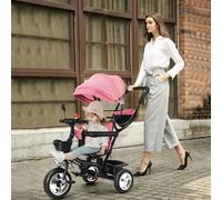 Tricycle bébé évolutif, Tricycle Multifonctionnel de 9 Mois à 5 Ans jusqu'à 25 kg, Poussette bébé, Grandes Roues en PU Siège Réglable à360° (Rose)