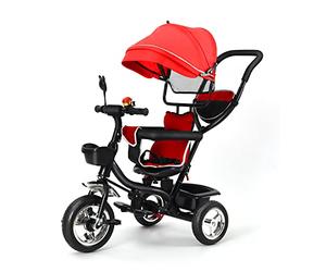 Tricycle Bébé Evolutif, Vélo Enfant Dès 10 Mois, avec Canne Parentale Ajustable, Repose-Pieds, Pare-Soleil, Panier et Sac de Rangement (Rouge)