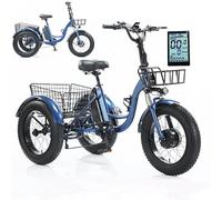 Tricycle électrique 20 pouces avec pneus larges, écran LCD, siège réglable, roue de neige avec support de pédales et batterie externe intégrée. Autonomie : 30-40 km. Charge maximale : 150 kg.
