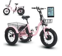 Tricycle électrique 20 pouces avec pneus larges, écran LCD, siège réglable, roue de neige avec support de pédales et batterie externe intégrée. Autonomie : 30-40 km. Charge maximale : 150 kg.