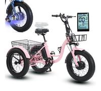 Tricycle électrique 20 pouces pour adulte, vélo électrique à 3 roues avec assistance au pédalage et panier arrière, écran LCD, klaxon, phare, siège réglable, batterie amovible, charge maximale : 150