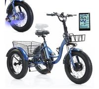 Tricycle électrique 20 pouces pour adulte, vélo électrique à 3 roues avec assistance au pédalage et panier arrière, écran LCD, klaxon, phare, siège réglable, batterie amovible, charge maximale : 150