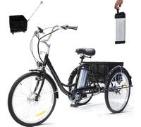 Tricycle électrique 24 pouces pour adultes, vélo à 3 roues, batterie lithium amovible 36 V 12 Ah (autonomie : 35-40 km), capacité de charge : 150 kg, avec panier, phare et klaxon, pour les déplaceme