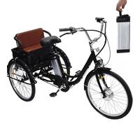 Tricycle électrique 24 pouces pour adultes, vélo à 3 roues, batterie lithium amovible 36 V 12 Ah (autonomie : 35-40 km), capacité de charge : 150 kg, avec panier, phare et klaxon, pour les déplaceme